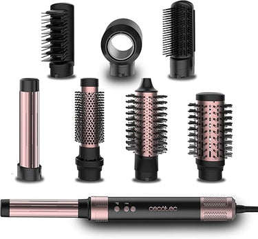 Cecotec Cepillo de Aire Voluminizador 8 Cabezales CeramicCare AirGlam Black Essential 1400W, Digital Brushless 110000rpm, Placas Ceramica, Tecnología Coanda, Iones Negativos, 3 Temperaturas